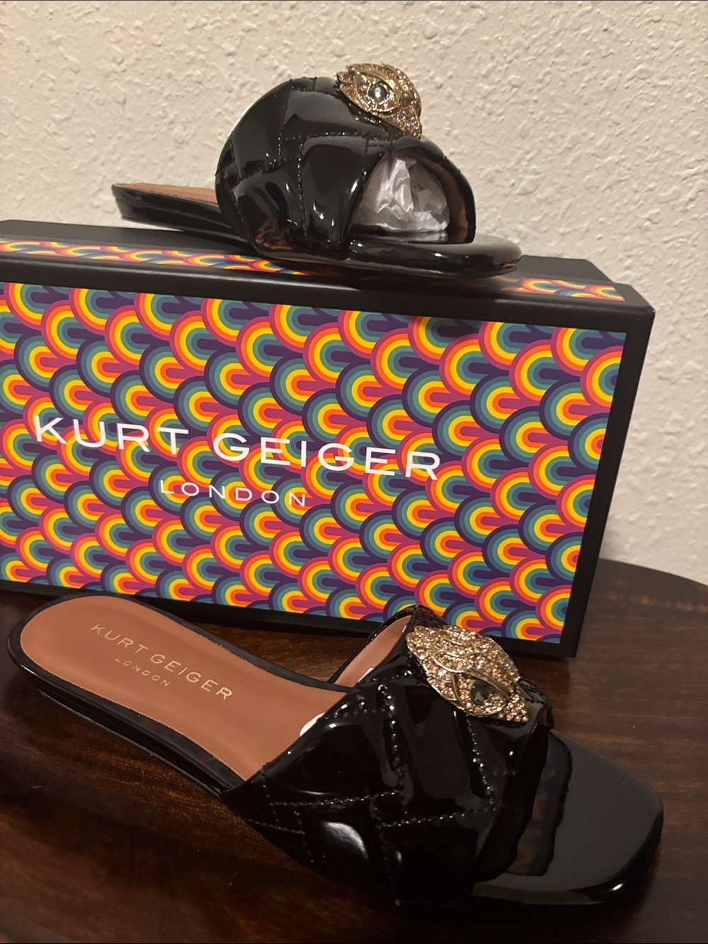 Kurt Geiger Black Patent Jewel-Embellished Slide Sandals